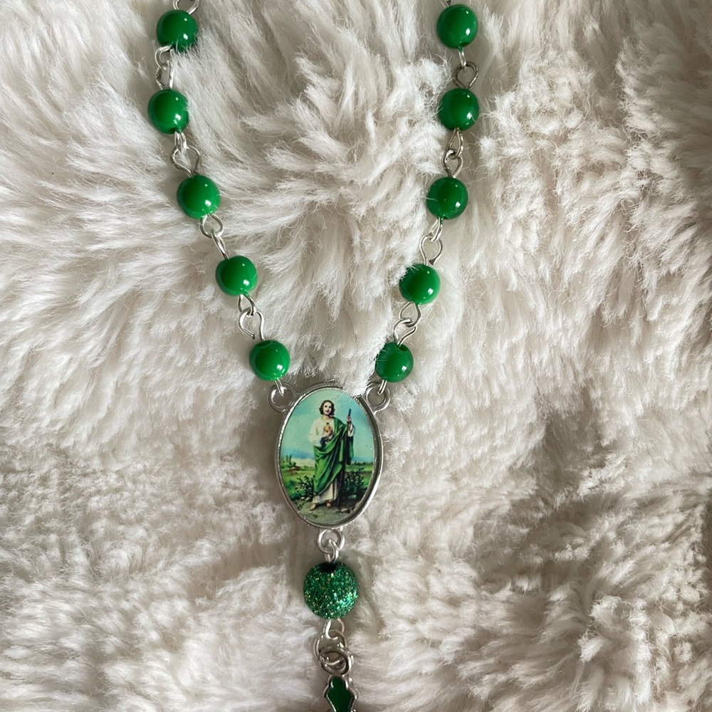 Green Beaded Necklace with Saint Pendant